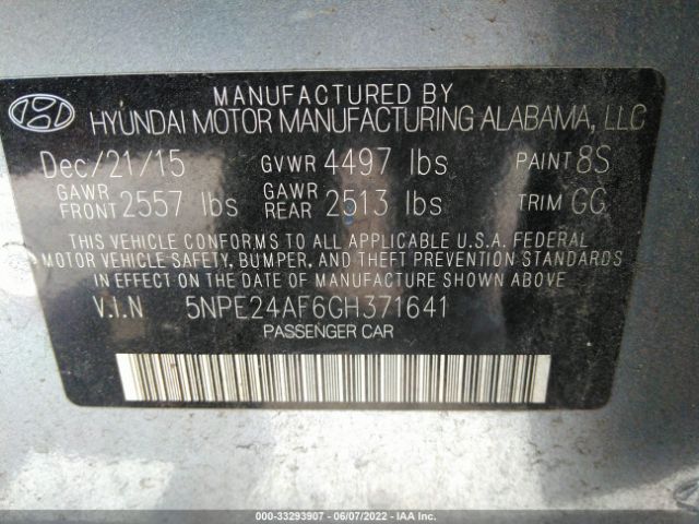 Photo 8 VIN: 5NPE24AF6GH371641 - HYUNDAI SONATA 