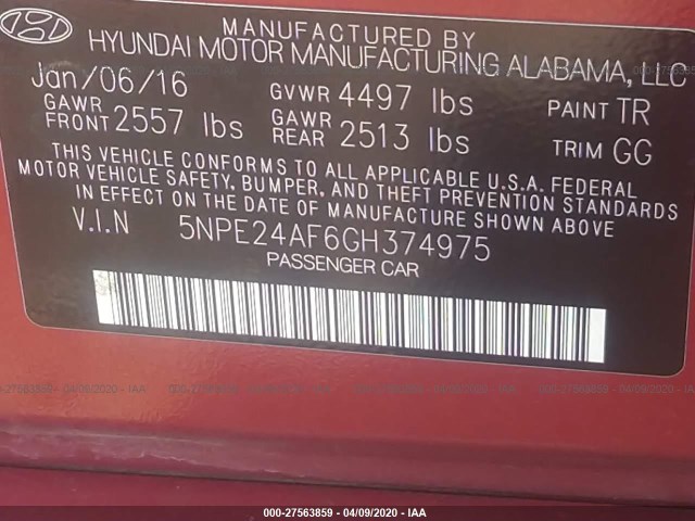 Photo 8 VIN: 5NPE24AF6GH374975 - HYUNDAI SONATA 