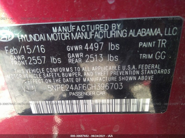 Photo 8 VIN: 5NPE24AF6GH396703 - HYUNDAI SONATA 