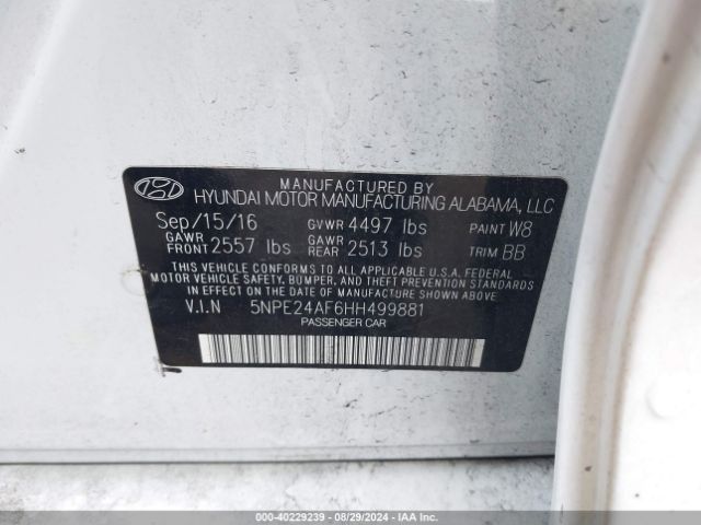 Photo 8 VIN: 5NPE24AF6HH499881 - HYUNDAI SONATA 