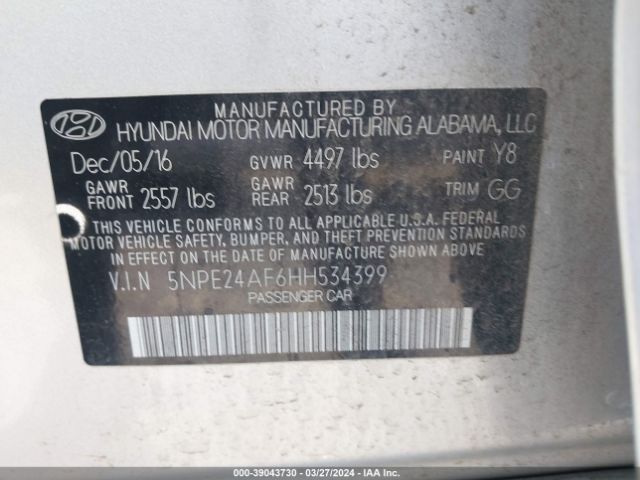 Photo 8 VIN: 5NPE24AF6HH534399 - HYUNDAI SONATA 