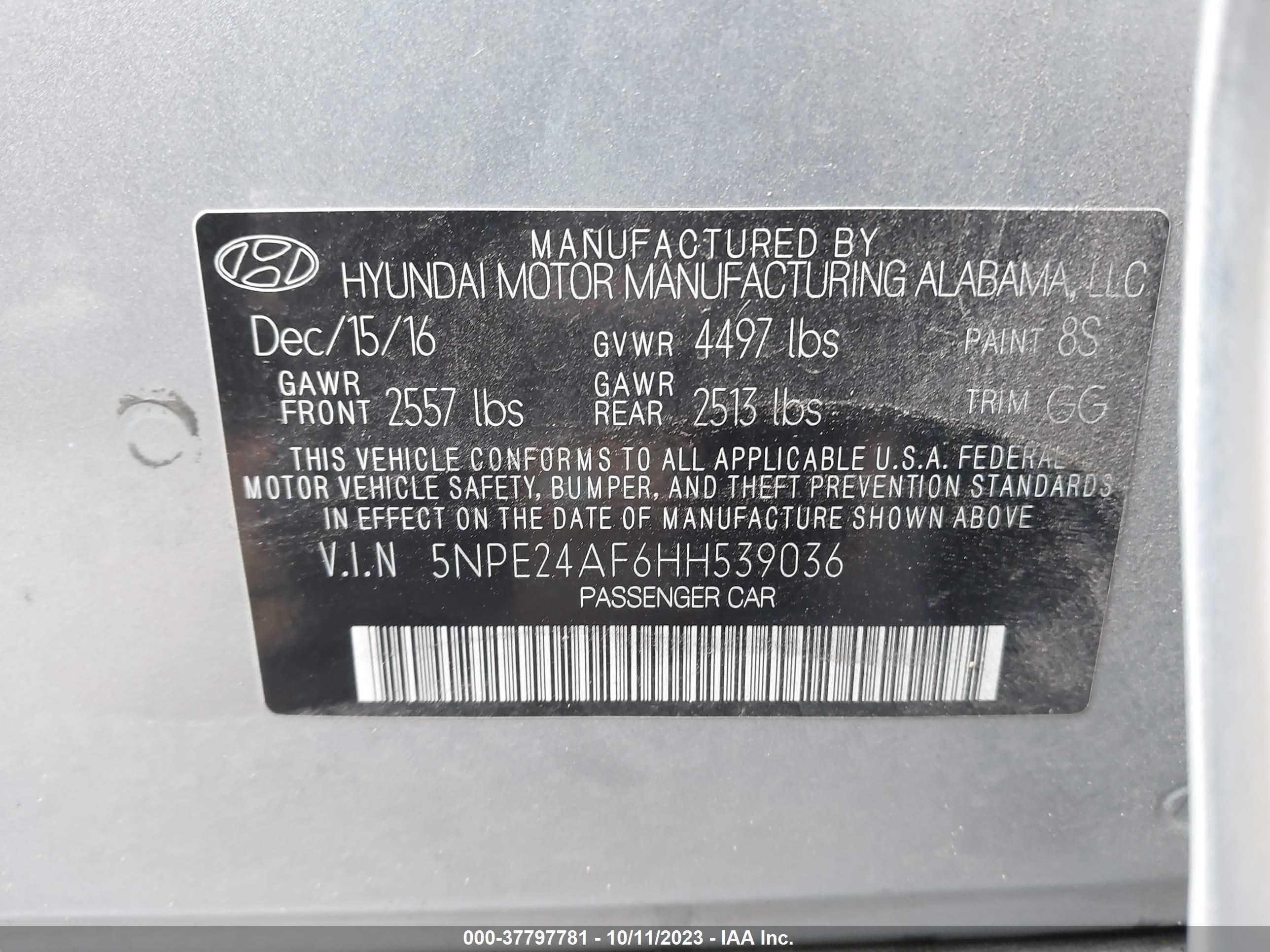 Photo 8 VIN: 5NPE24AF6HH539036 - HYUNDAI SONATA 