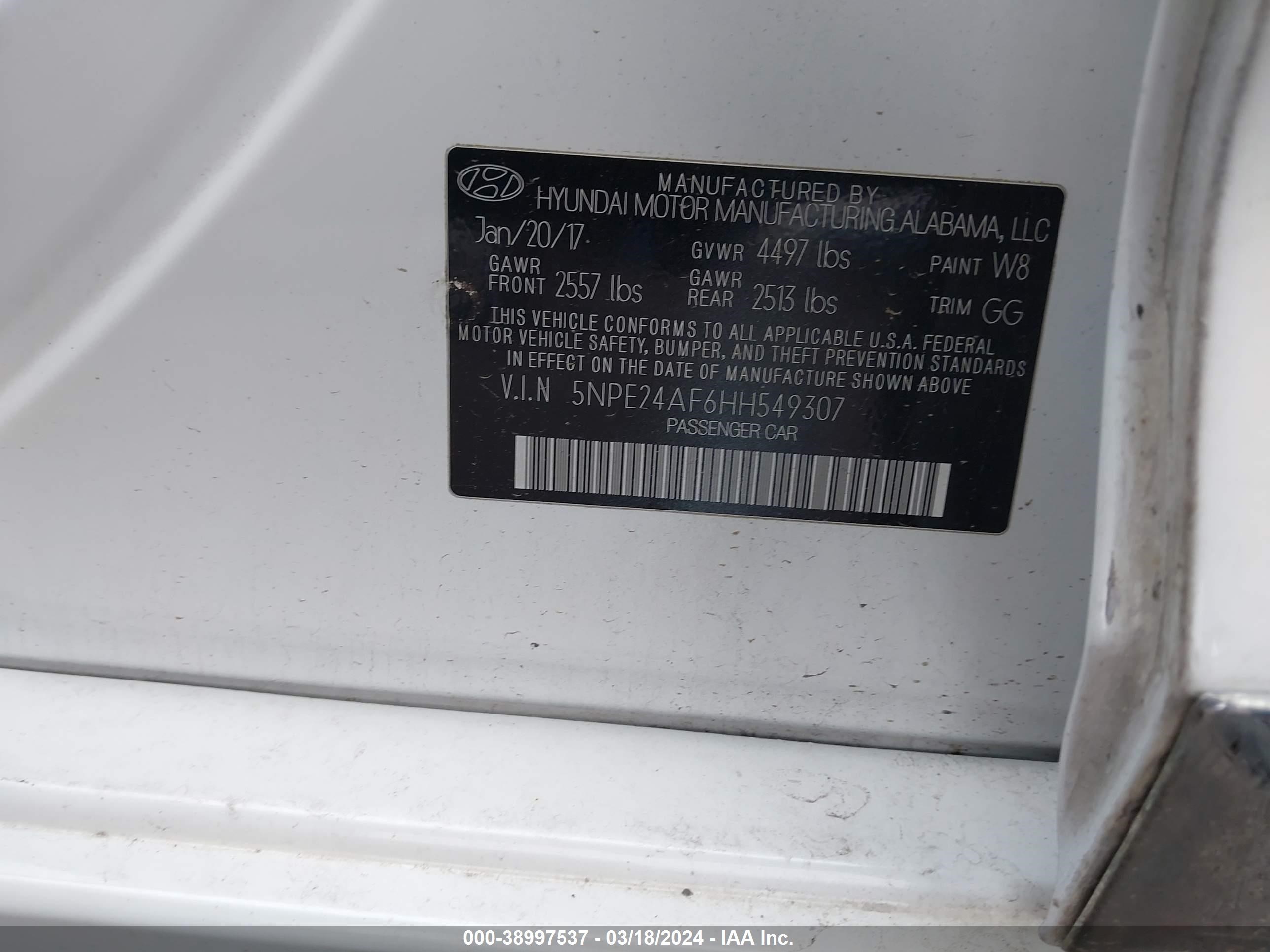 Photo 8 VIN: 5NPE24AF6HH549307 - HYUNDAI SONATA 