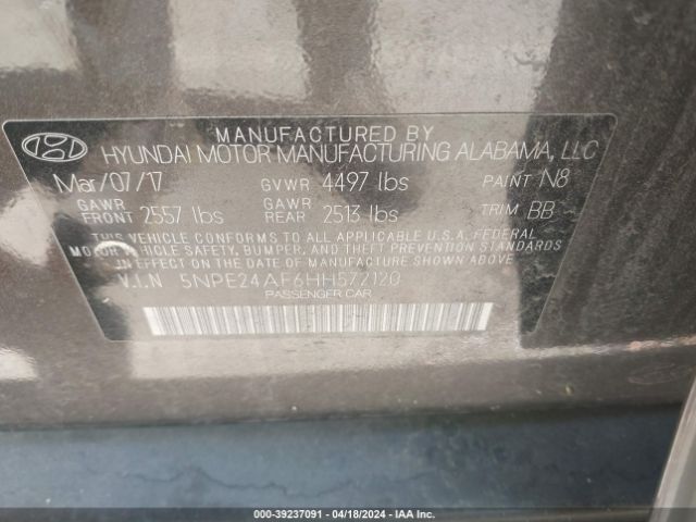 Photo 8 VIN: 5NPE24AF6HH572120 - HYUNDAI SONATA 