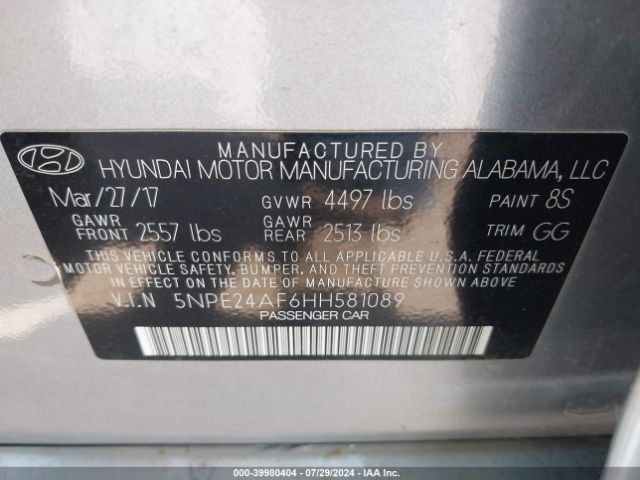 Photo 8 VIN: 5NPE24AF6HH581089 - HYUNDAI SONATA 