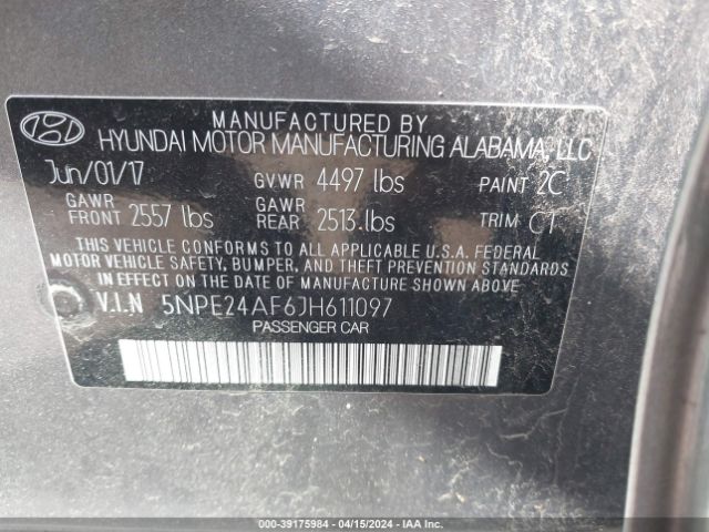 Photo 8 VIN: 5NPE24AF6JH611097 - HYUNDAI SONATA 