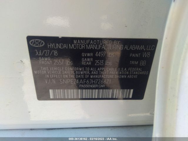 Photo 8 VIN: 5NPE24AF6JH726671 - HYUNDAI SONATA 