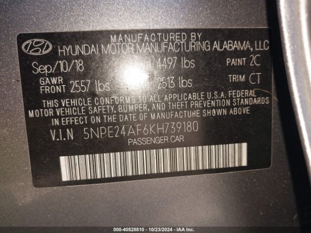 Photo 8 VIN: 5NPE24AF6KH739180 - HYUNDAI SONATA 