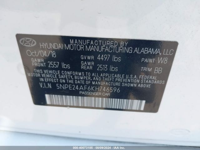 Photo 8 VIN: 5NPE24AF6KH746596 - HYUNDAI SONATA 