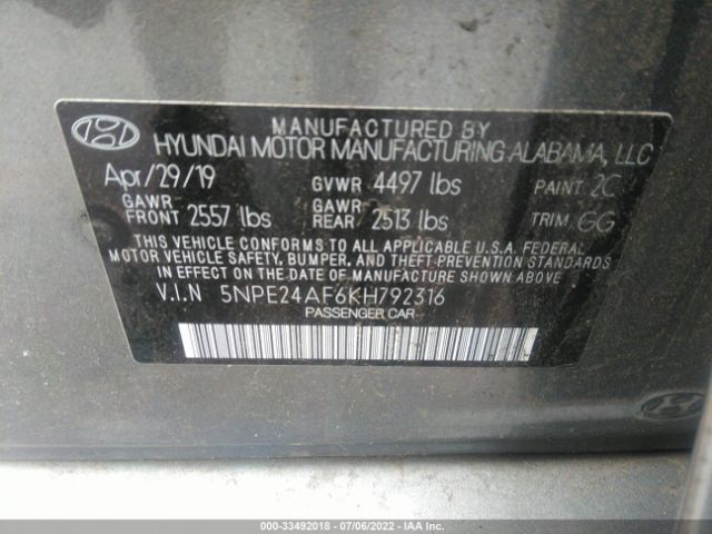 Photo 8 VIN: 5NPE24AF6KH792316 - HYUNDAI SONATA 