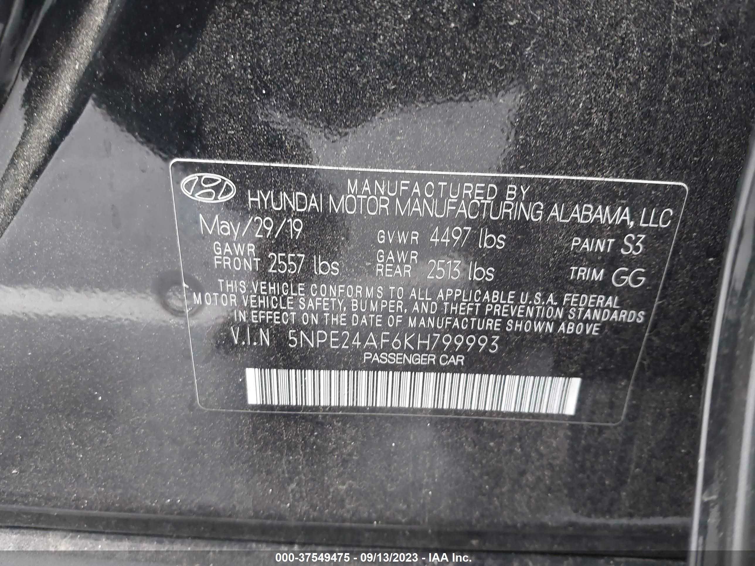 Photo 8 VIN: 5NPE24AF6KH799993 - HYUNDAI SONATA 