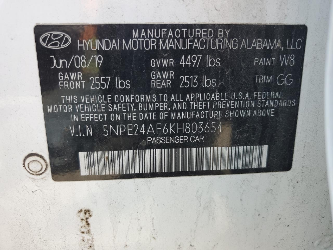 Photo 11 VIN: 5NPE24AF6KH803654 - HYUNDAI SONATA 