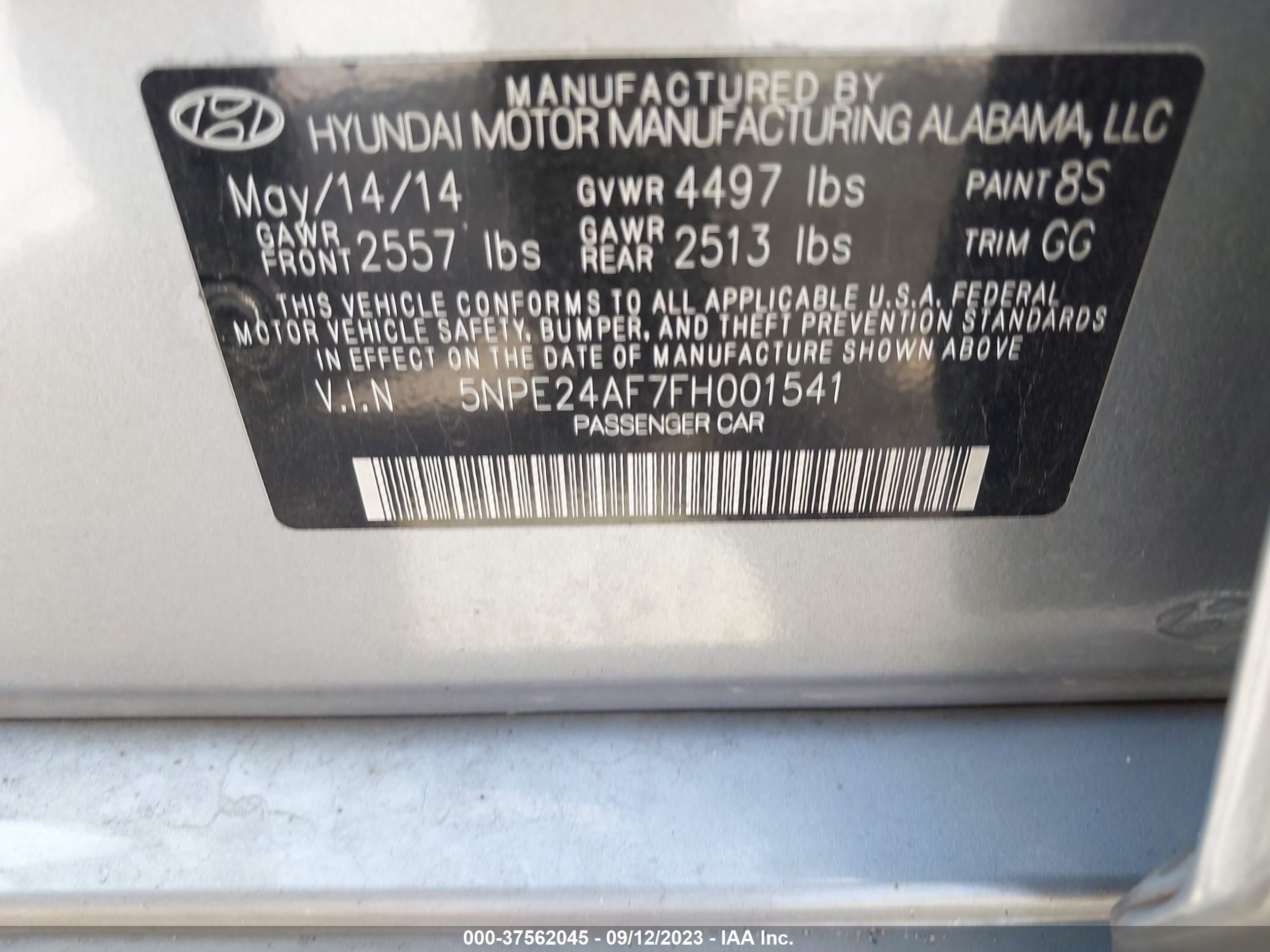 Photo 8 VIN: 5NPE24AF7FH001541 - HYUNDAI SONATA 