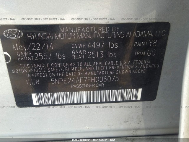 Photo 8 VIN: 5NPE24AF7FH006075 - HYUNDAI SONATA 