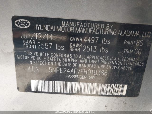 Photo 8 VIN: 5NPE24AF7FH018386 - HYUNDAI SONATA 