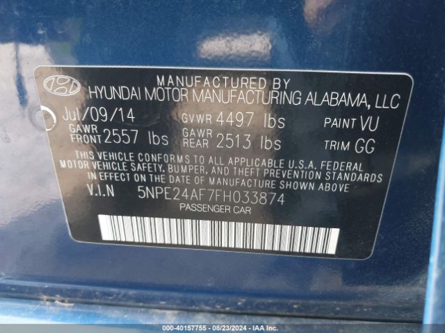 Photo 8 VIN: 5NPE24AF7FH033874 - HYUNDAI SONATA 