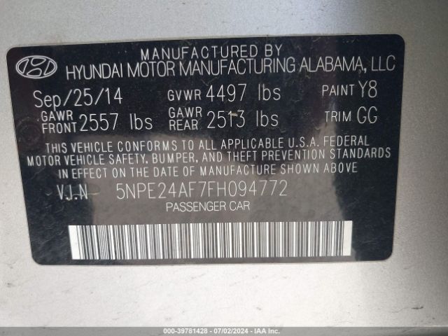 Photo 8 VIN: 5NPE24AF7FH094772 - HYUNDAI SONATA 