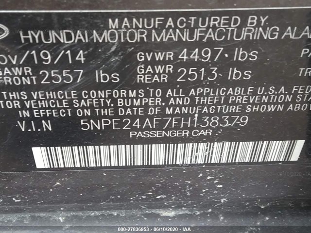 Photo 8 VIN: 5NPE24AF7FH138379 - HYUNDAI SONATA 