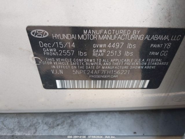 Photo 8 VIN: 5NPE24AF7FH156221 - HYUNDAI SONATA 