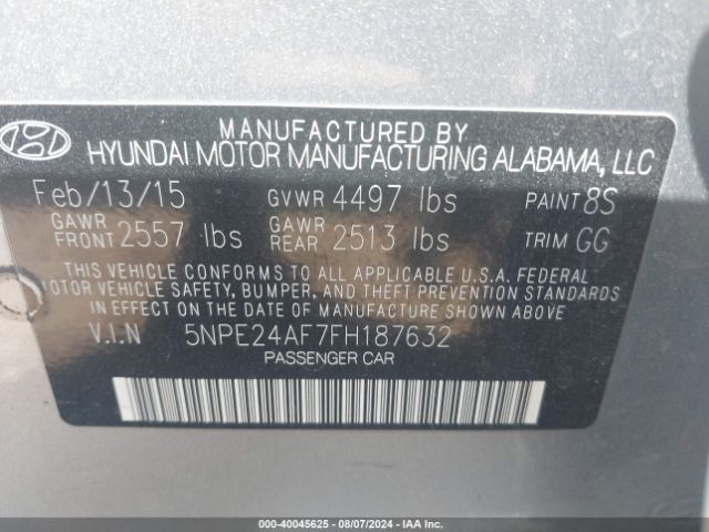 Photo 8 VIN: 5NPE24AF7FH187632 - HYUNDAI SONATA 