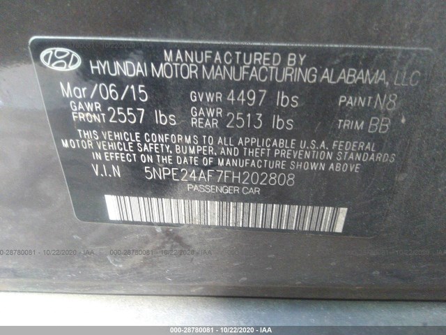 Photo 8 VIN: 5NPE24AF7FH202808 - HYUNDAI SONATA 