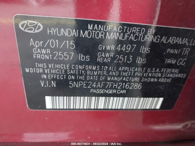 Photo 8 VIN: 5NPE24AF7FH216286 - HYUNDAI SONATA 