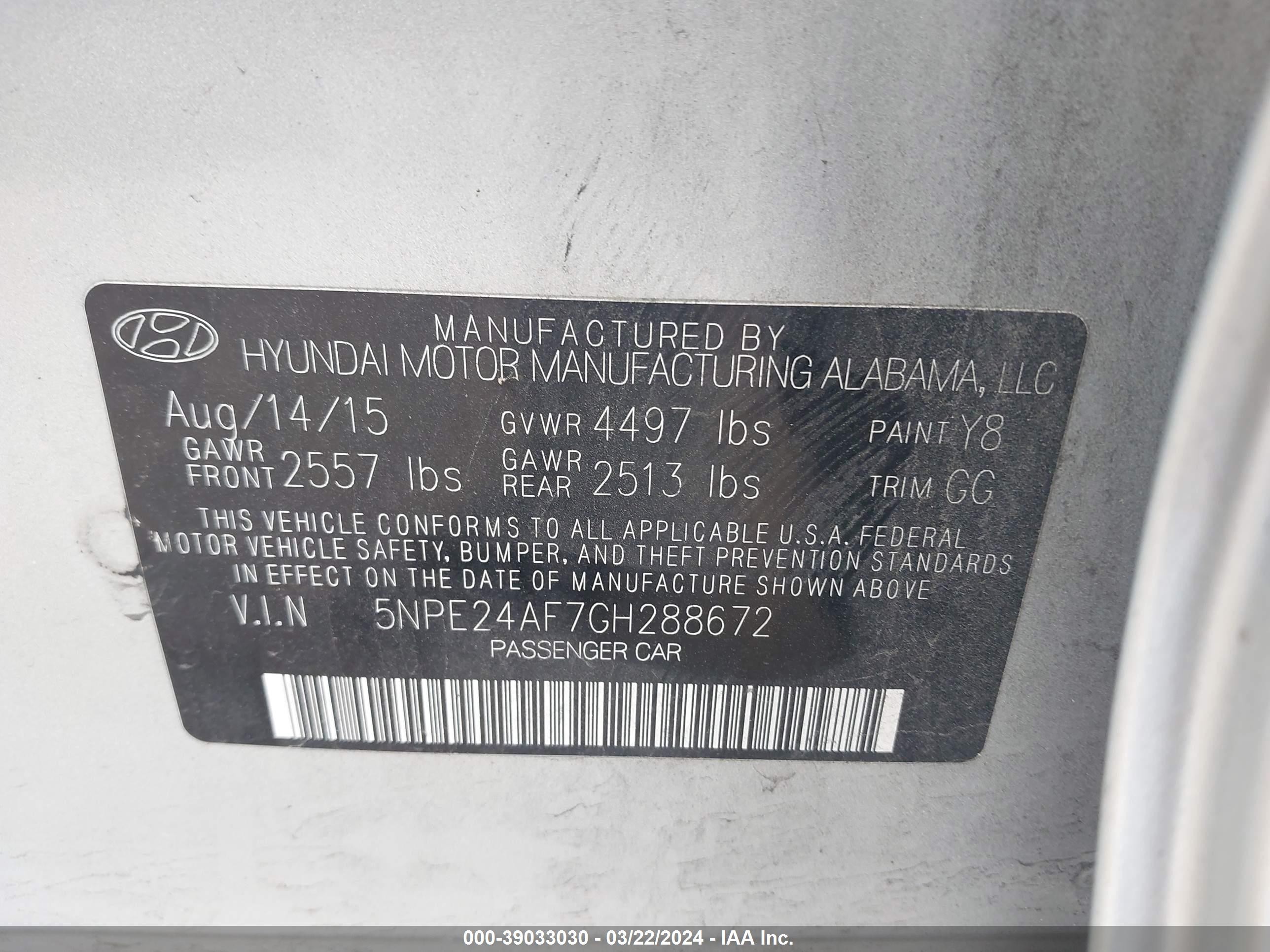 Photo 8 VIN: 5NPE24AF7GH288672 - HYUNDAI SONATA 