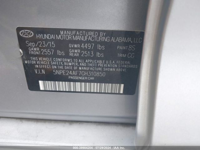 Photo 8 VIN: 5NPE24AF7GH310850 - HYUNDAI SONATA 