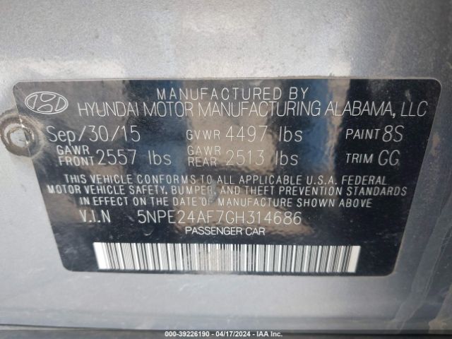 Photo 8 VIN: 5NPE24AF7GH314686 - HYUNDAI SONATA 