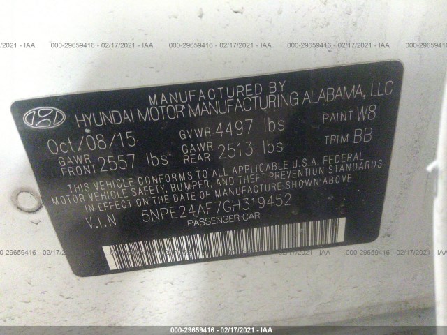 Photo 8 VIN: 5NPE24AF7GH319452 - HYUNDAI SONATA 