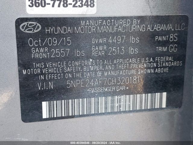 Photo 8 VIN: 5NPE24AF7GH320181 - HYUNDAI SONATA 