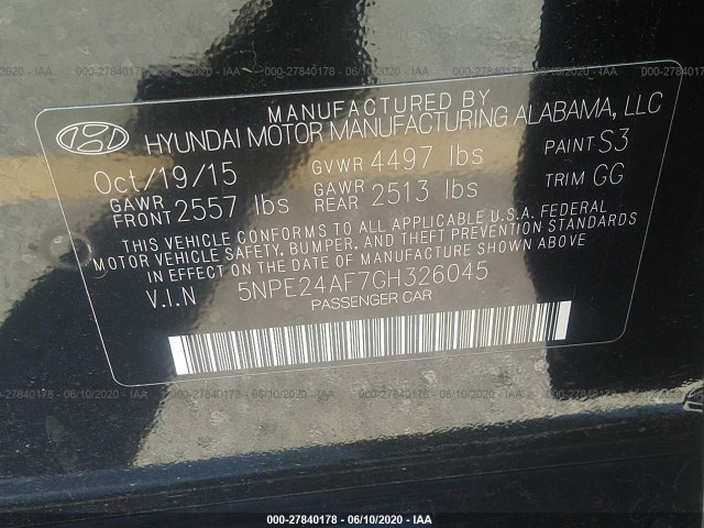 Photo 8 VIN: 5NPE24AF7GH326045 - HYUNDAI SONATA 