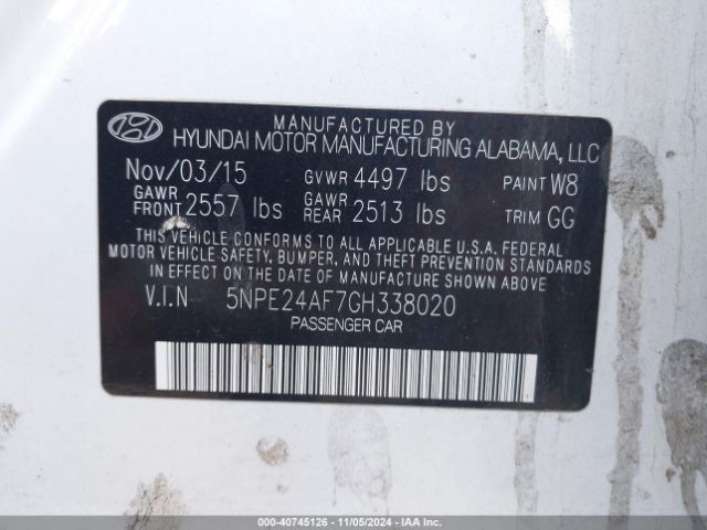 Photo 8 VIN: 5NPE24AF7GH338020 - HYUNDAI SONATA 