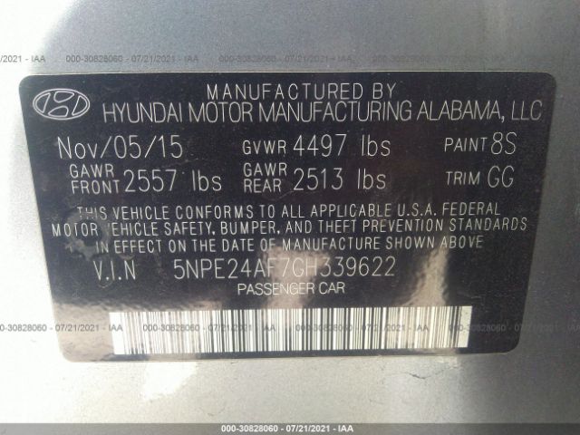 Photo 8 VIN: 5NPE24AF7GH339622 - HYUNDAI SONATA 