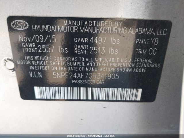 Photo 8 VIN: 5NPE24AF7GH341905 - HYUNDAI SONATA 