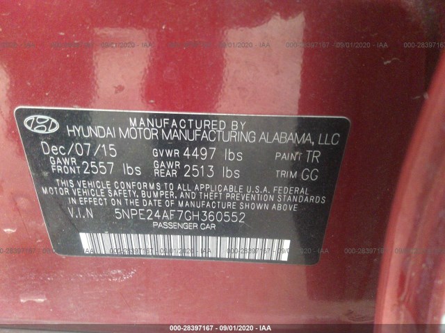 Photo 8 VIN: 5NPE24AF7GH360552 - HYUNDAI SONATA 