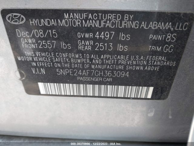 Photo 8 VIN: 5NPE24AF7GH363094 - HYUNDAI SONATA 