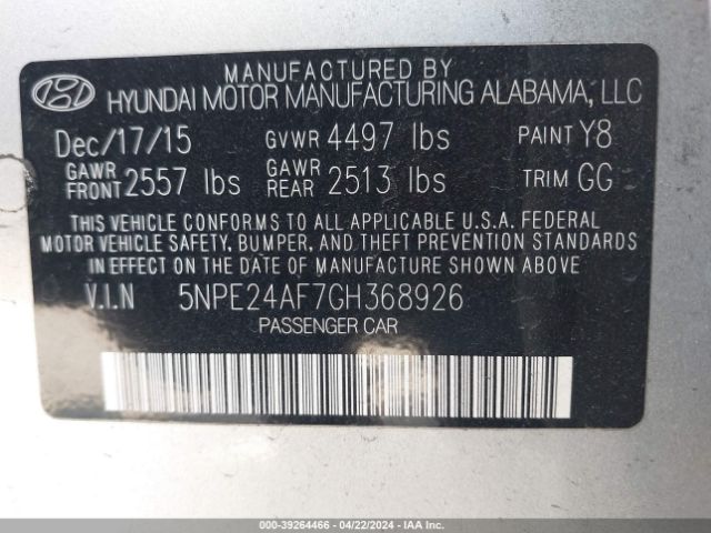 Photo 8 VIN: 5NPE24AF7GH368926 - HYUNDAI SONATA 