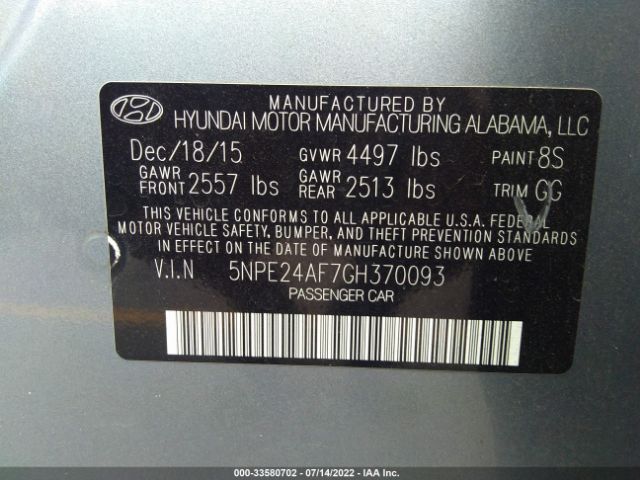 Photo 8 VIN: 5NPE24AF7GH370093 - HYUNDAI SONATA 