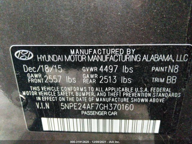 Photo 8 VIN: 5NPE24AF7GH370160 - HYUNDAI SONATA 