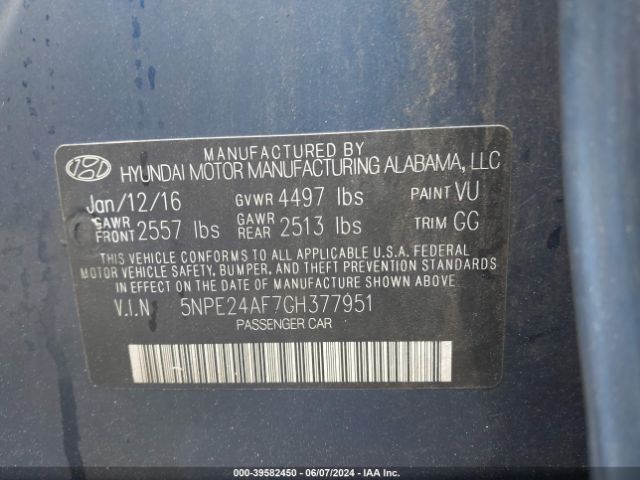 Photo 8 VIN: 5NPE24AF7GH377951 - HYUNDAI SONATA 