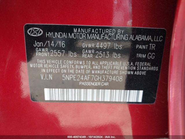 Photo 8 VIN: 5NPE24AF7GH379408 - HYUNDAI SONATA 