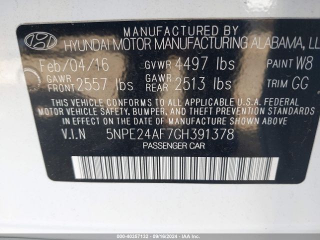 Photo 8 VIN: 5NPE24AF7GH391378 - HYUNDAI SONATA 