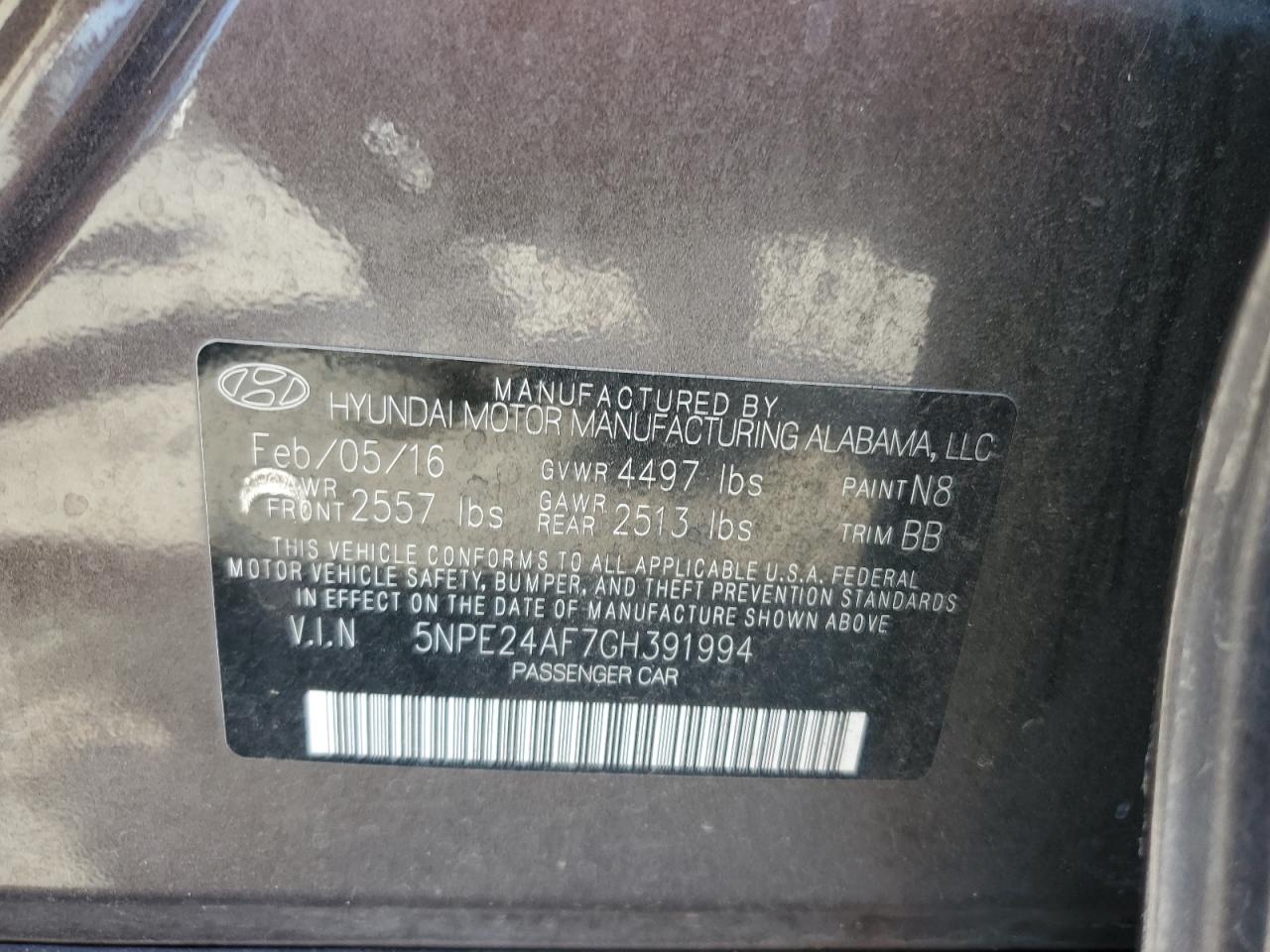 Photo 11 VIN: 5NPE24AF7GH391994 - HYUNDAI SONATA 