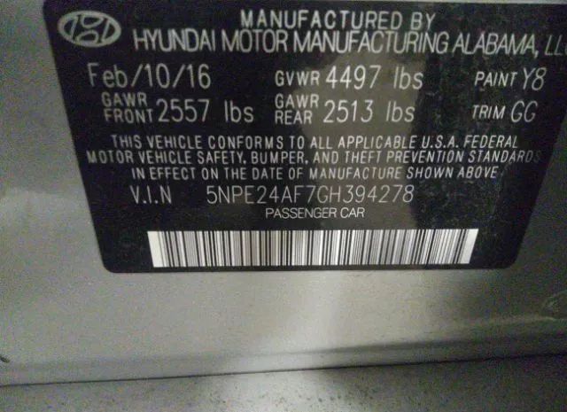 Photo 8 VIN: 5NPE24AF7GH394278 - HYUNDAI SONATA 