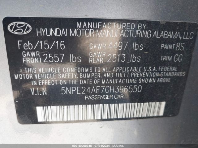 Photo 8 VIN: 5NPE24AF7GH396550 - HYUNDAI SONATA 