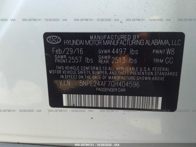 Photo 8 VIN: 5NPE24AF7GH404596 - HYUNDAI SONATA 