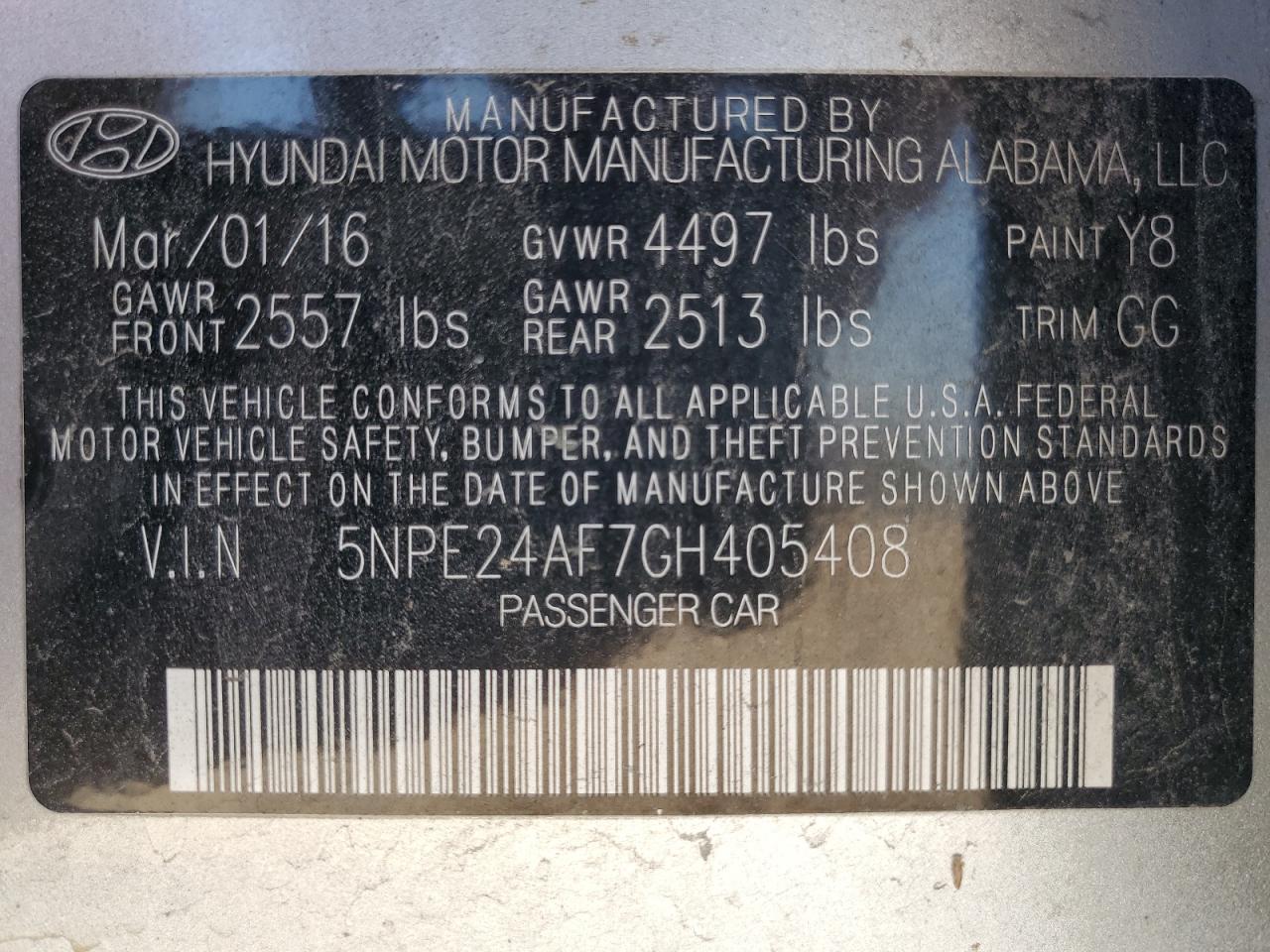 Photo 12 VIN: 5NPE24AF7GH405408 - HYUNDAI SONATA 