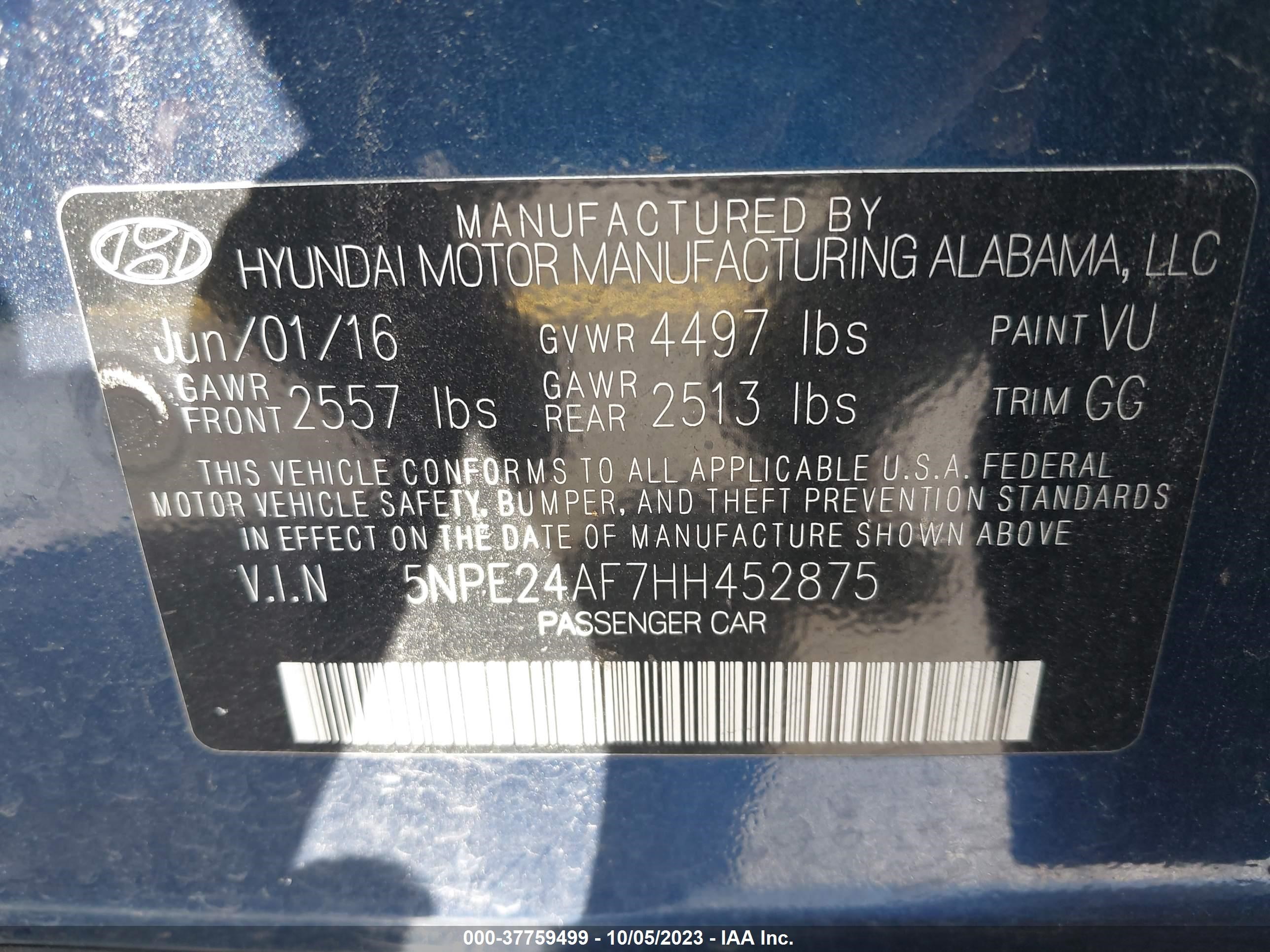 Photo 8 VIN: 5NPE24AF7HH452875 - HYUNDAI SONATA 