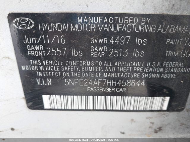 Photo 8 VIN: 5NPE24AF7HH458644 - HYUNDAI SONATA 